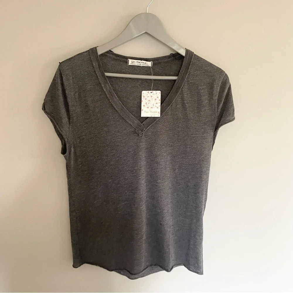 FREE PEOPLE | Grey V-neck Relaxed Fit Casual T-shirt | Size XS | Light Fabric - Picture 4 of 13